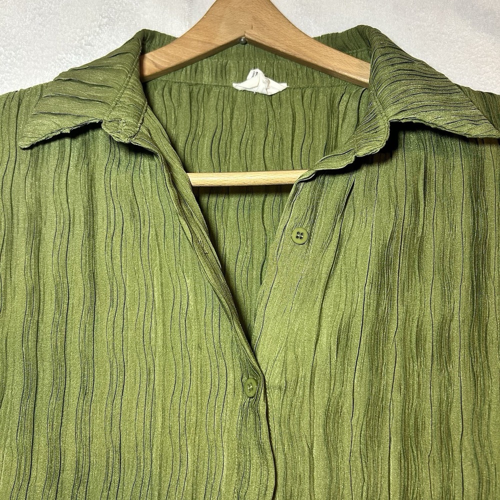 Y2K Top Blouse Women Med Green Crinkled Boho Party Holiday Whimsical Cottagecore
